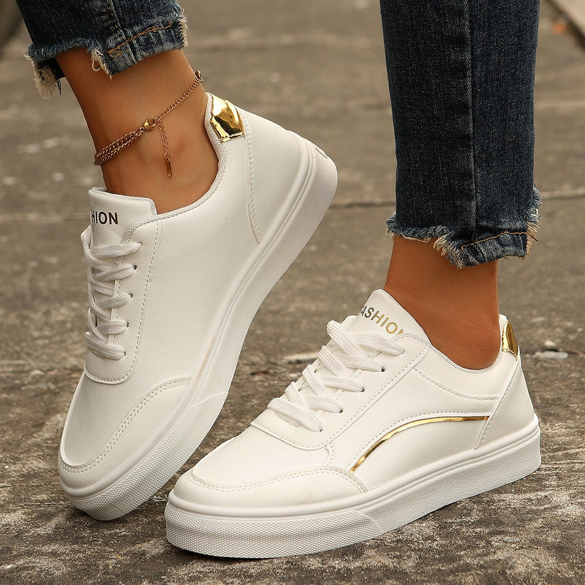 Lace-up White Flats Shoes Fashion Round Toe Slip-on