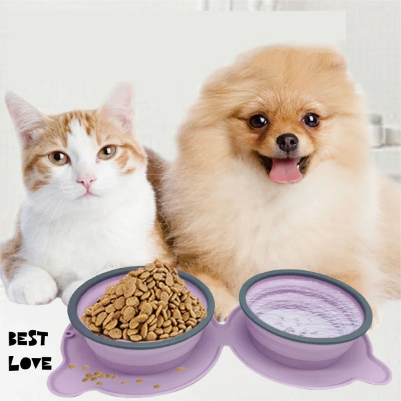 Portable Silicone Double Dog Food Bowls Foldable