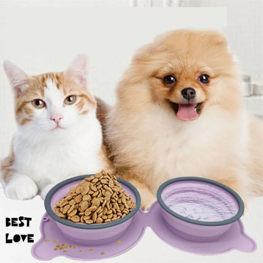 Portable Silicone Double Dog Food Bowls Foldable