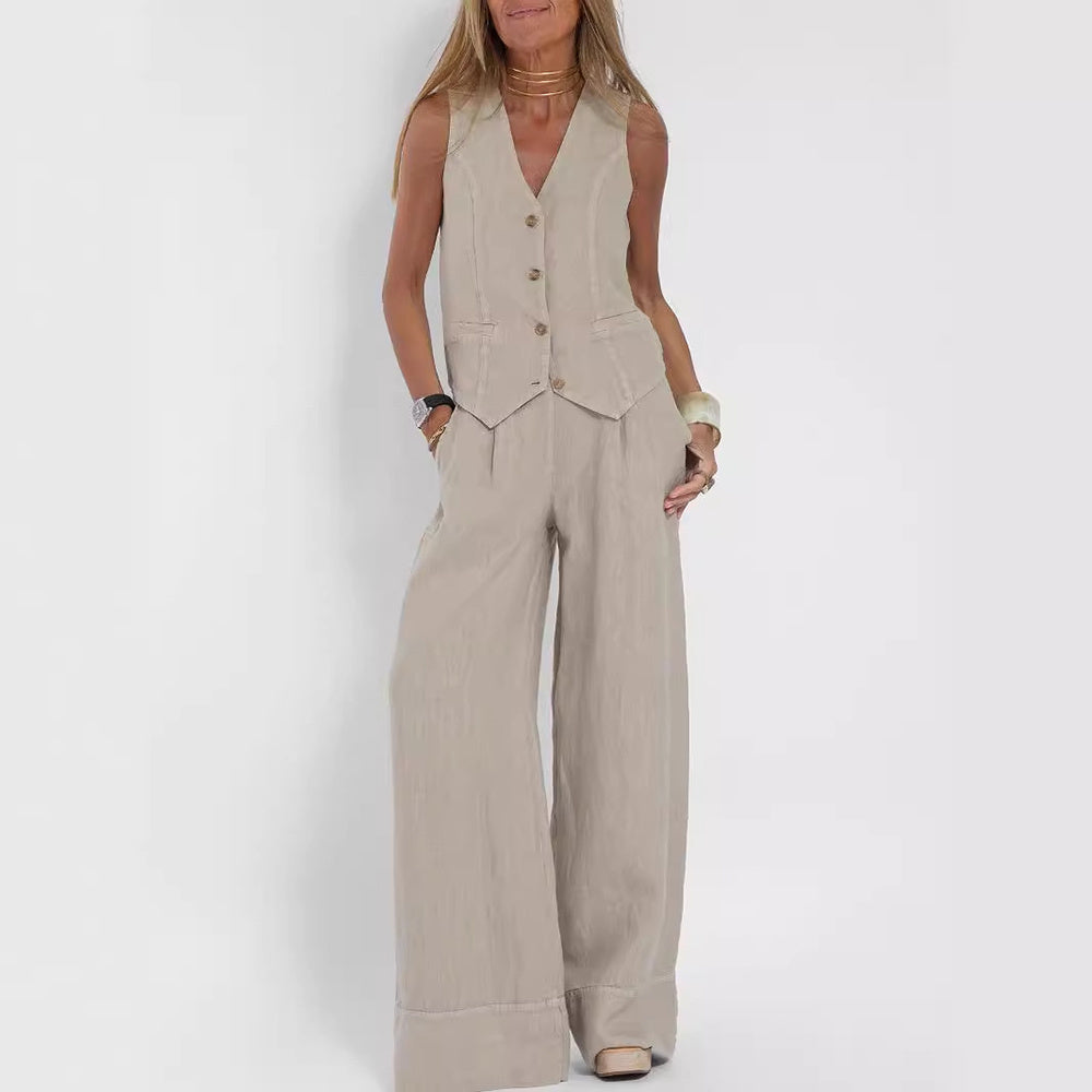 Summer Vest Suits V-neck Botton Sleeveless Top And Loose