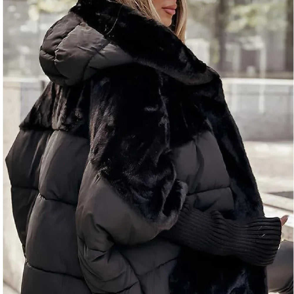 Women's Loose Cotton Coat Faux Fur Patchwork Winter Coat