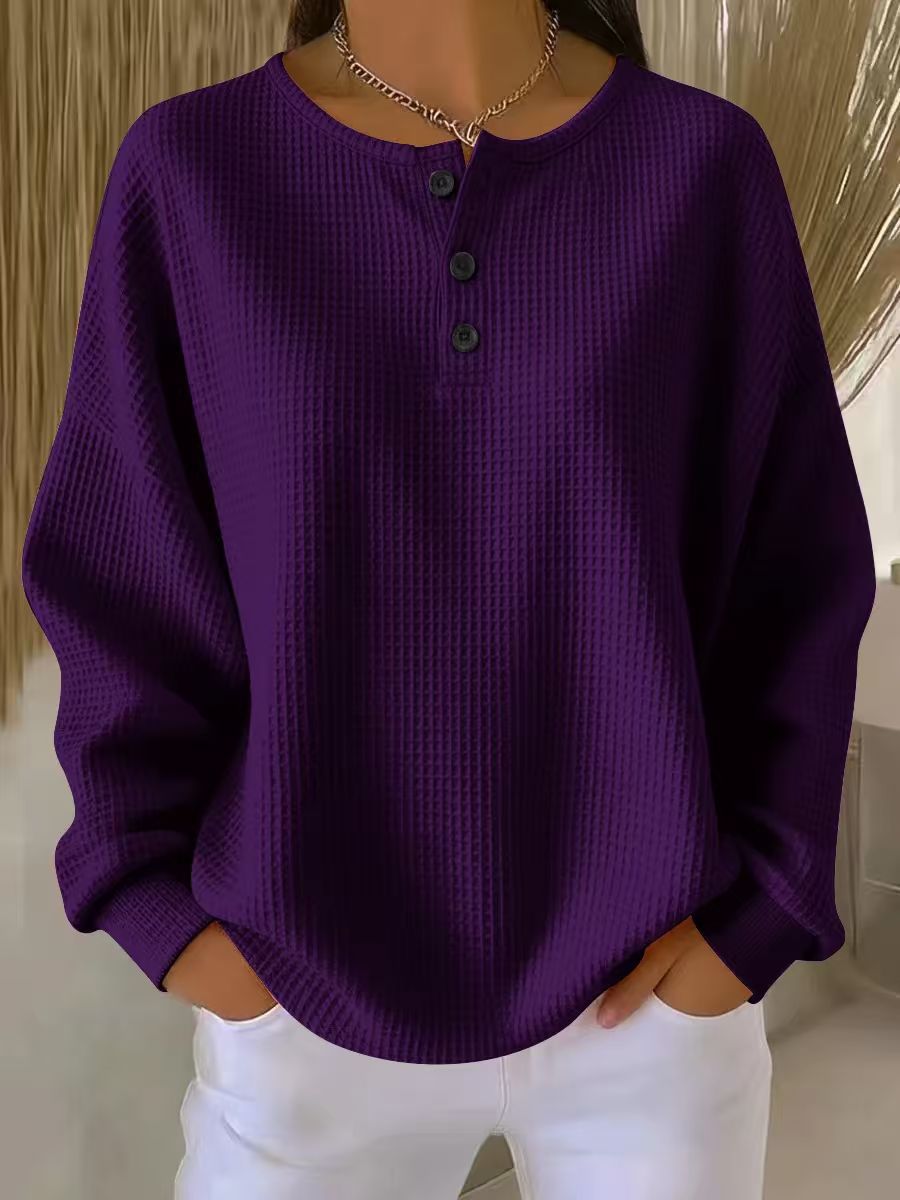 Ins Waffle Long-sleeved T-shirt Fashion Solid Color Buttons