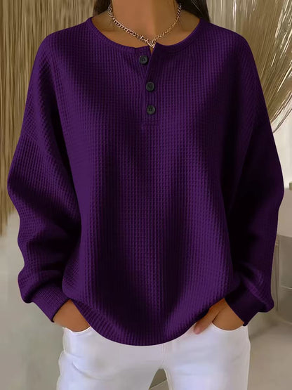 Ins Waffle Long-sleeved T-shirt Fashion Solid Color Buttons