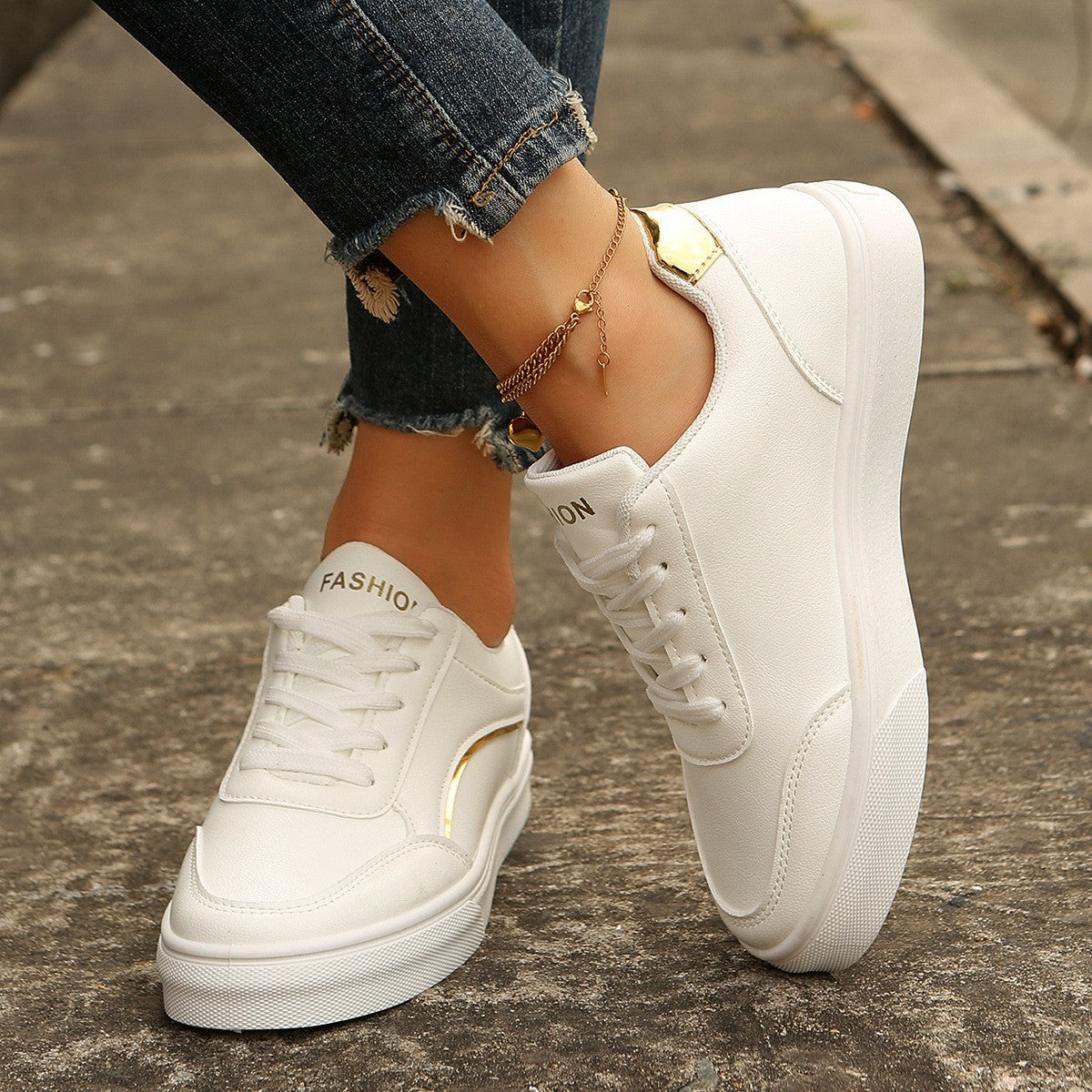 Lace-up White Flats Shoes Fashion Round Toe Slip-on