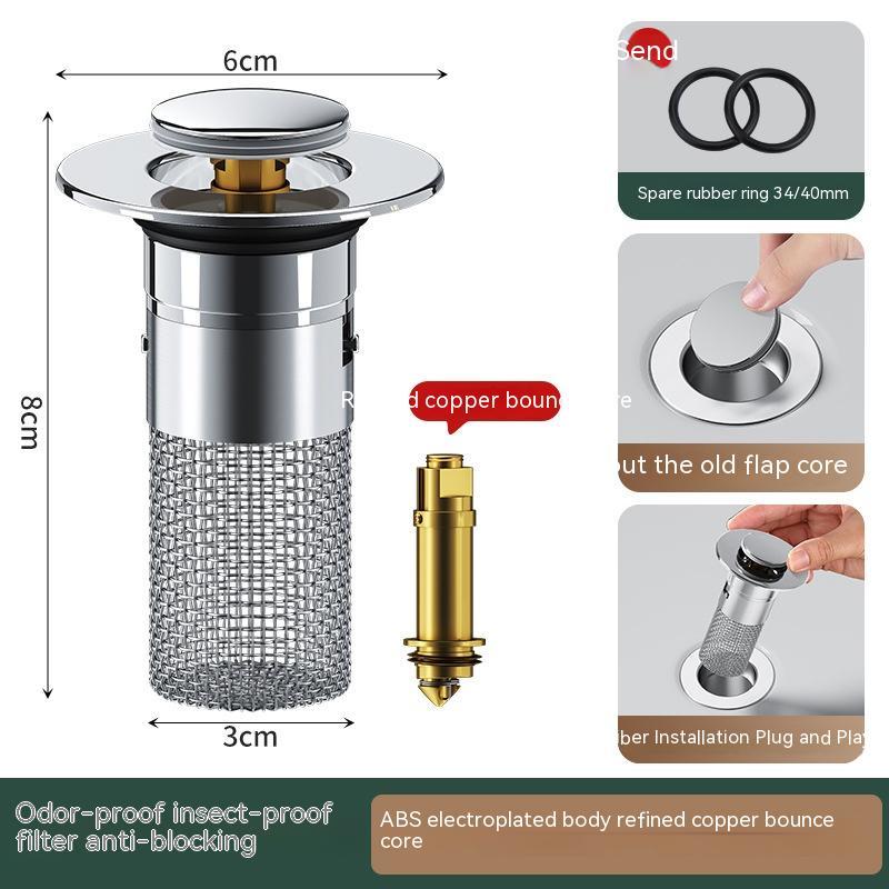Long Pop-Up Sink Drains Filter Bathroom Press Bounce