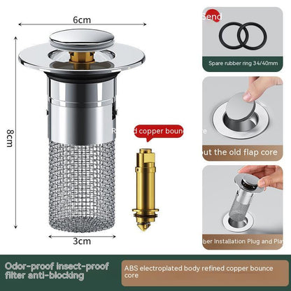 Long Pop-Up Sink Drains Filter Bathroom Press Bounce