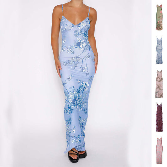 Y2K Slim Flowers Printing Slip Dress Women's Summer