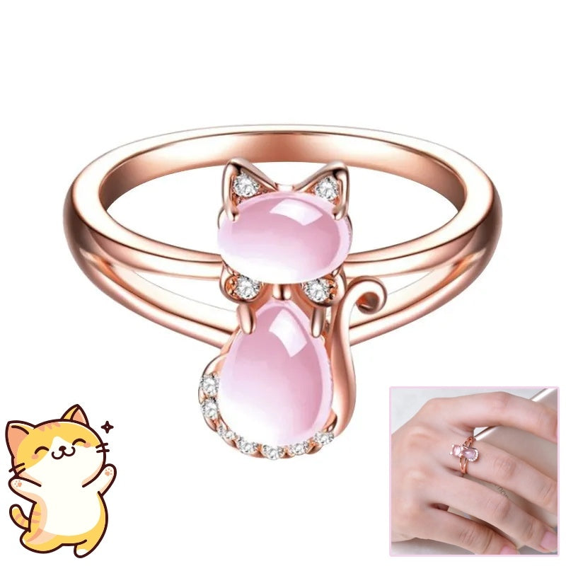 Rose Gold Plated Crystal Cute Animal Cat Ring Hibiscus Stone