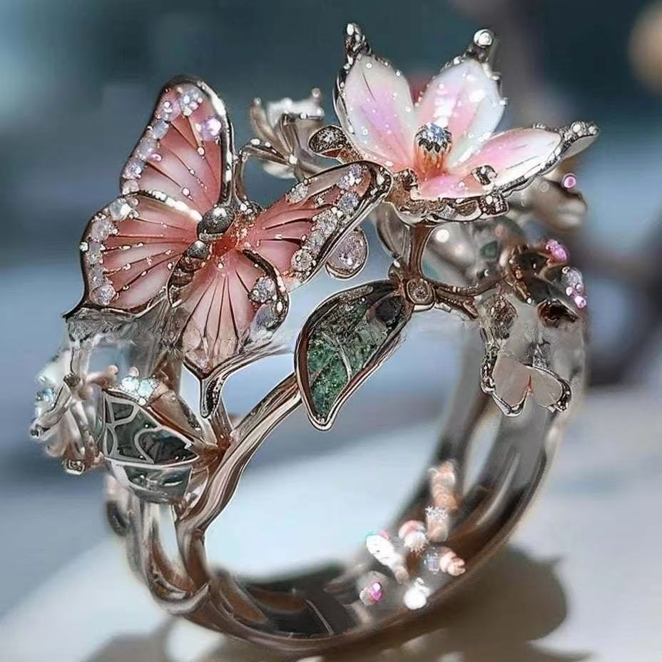 INS Flower Butterfly Ring With Rhinestones Jewelry