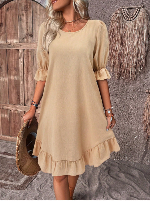 Fashion Ruffle Short-sleeved Dress Summer Solid Color Round Neck