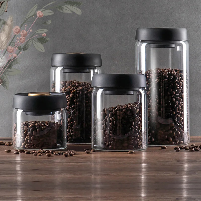 Vacuum Sealed Jug Set Black Coffee Beans Glass Airtight