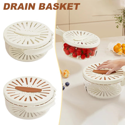 Fruit Drain Basket With Lid Vegetable Washing Bowl Foldable Handle