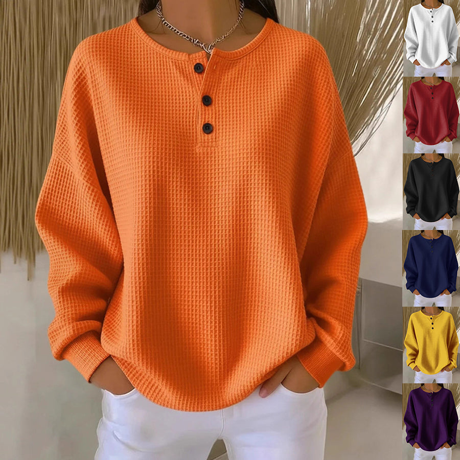 Ins Waffle Long-sleeved T-shirt Fashion Solid Color Buttons
