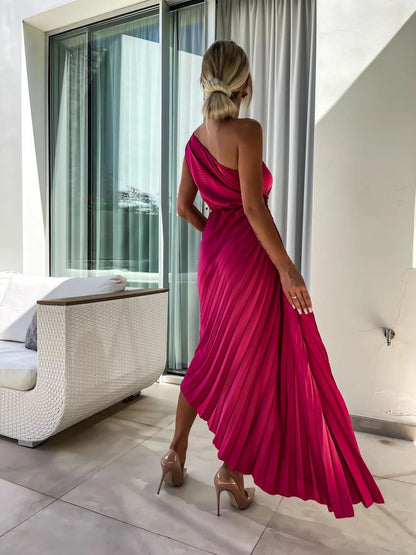 Ins Pleated One-shoulder Dress With Big Rose Flower