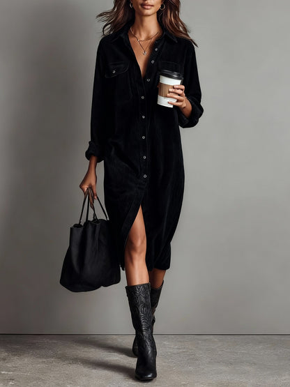 Turn-Down Collar Buttons Chic Casual Dress
