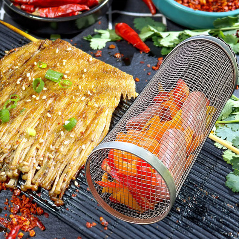 Rolling Grilling Basket Metal BBQ Barbecue Basket Net Portable Outdoor