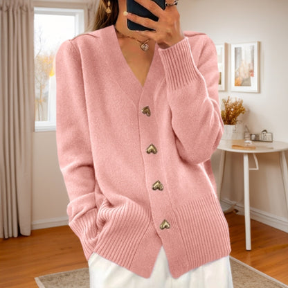 V-neck Knitted Sweater With Love Button Fashion Solid Long-sleeved