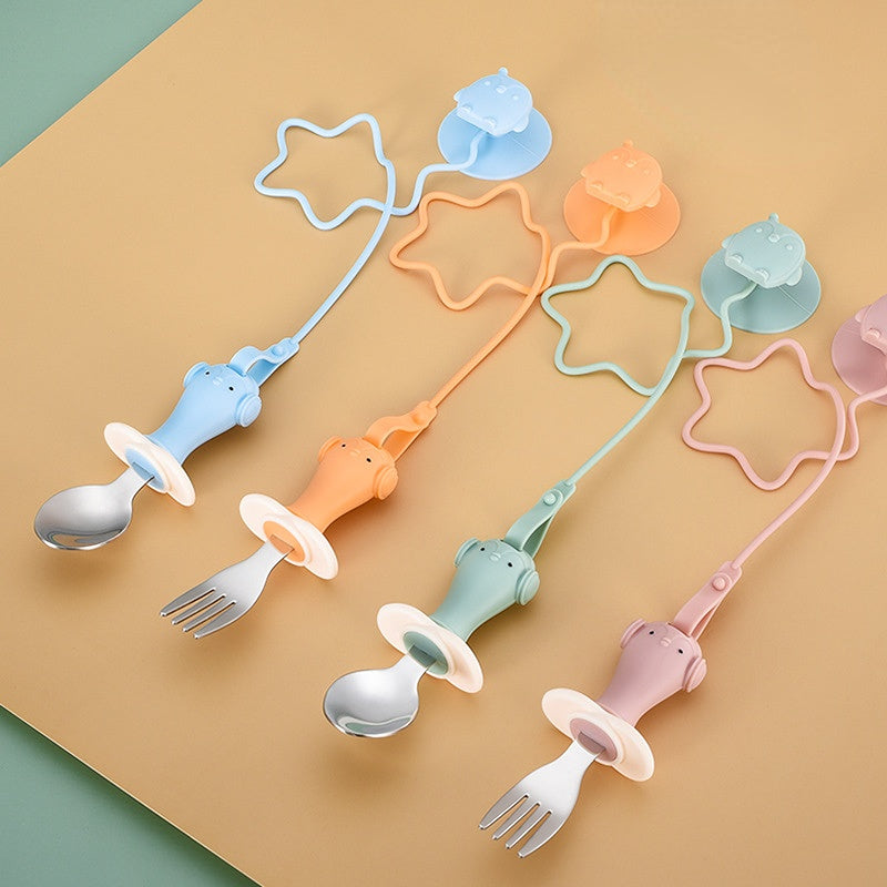 Infant Stainless Steel Training Spoon Fork Silicone Anti-drop Children's Spoon Suction Cup Anti-drop Chain
