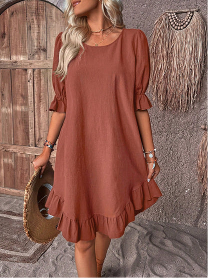 Fashion Ruffle Short-sleeved Dress Summer Solid Color Round Neck