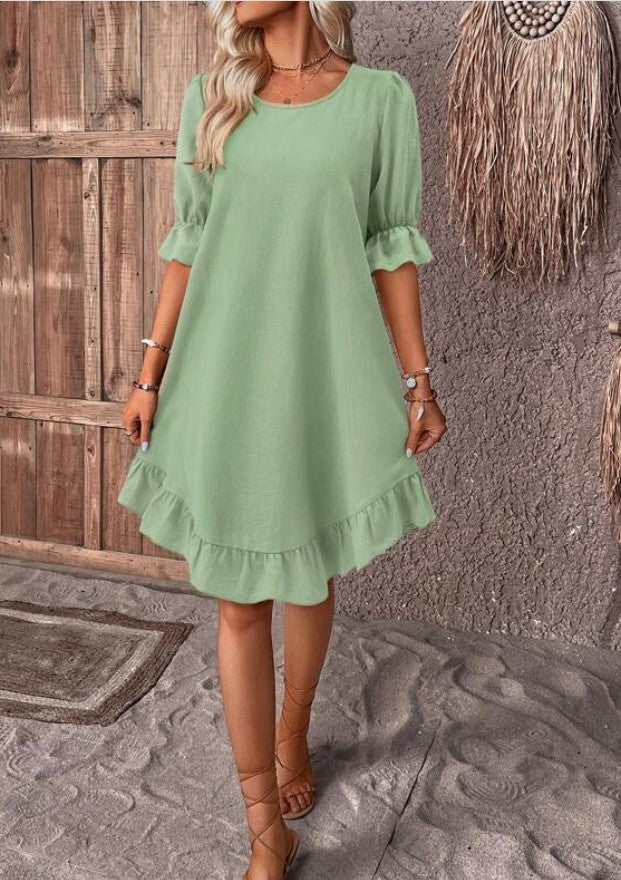 Fashion Ruffle Short-sleeved Dress Summer Solid Color Round Neck