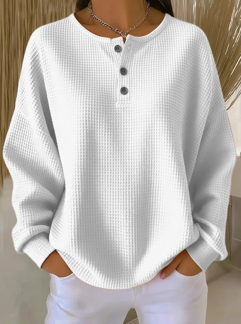 Ins Waffle Long-sleeved T-shirt Fashion Solid Color Buttons
