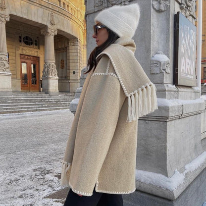Women's Thickened Woolen Coat With Scarf Tassel Fashion Loose Jacket