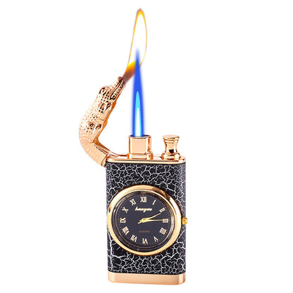 Double Fire Lighter With Quartz Watch Metal Inflatable Windproof Blue