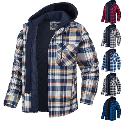 Men's Plaid Hooded Coat Winter Warm Button Zip-up Jacket