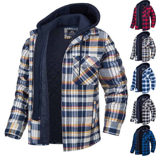 Men's Plaid Hooded Coat Winter Warm Button Zip-up Jacket
