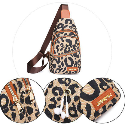 Leopard Print Sling Chest Bag With Headphone Jack Crossbody Backpack