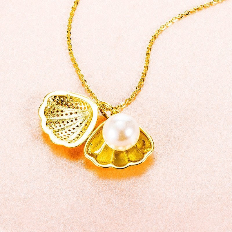 Shell Pearl Necklace With Rhinestones Jewelry