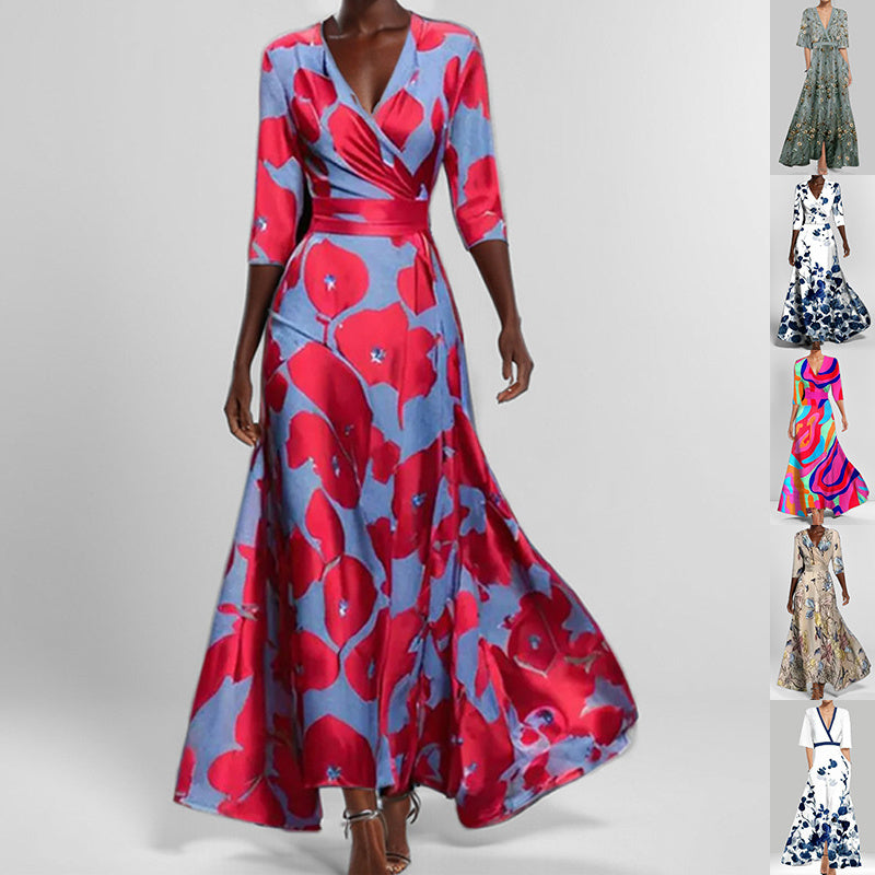 Fashion Print Half-sleeve V-neck Dress Temperament