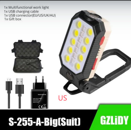 Folding USB Rechargeable COB Work Light Portable LED Flashlight