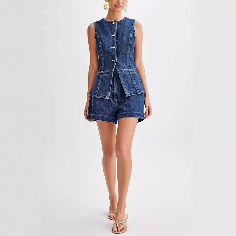 Fashion Denim Suit Summer Casual Sleeveless Button Vest