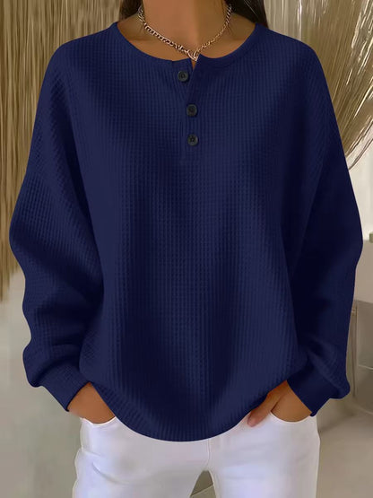 Ins Waffle Long-sleeved T-shirt Fashion Solid Color Buttons