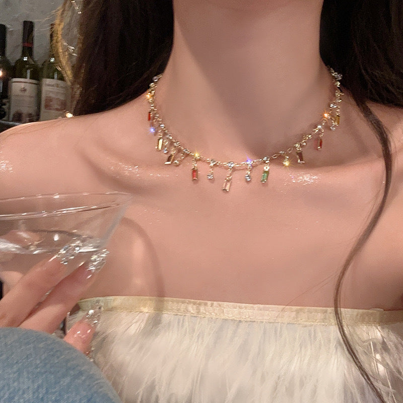 Rainbow Color Fringed Zircon Necklace For Women Light Luxury