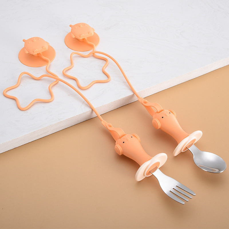 Infant Stainless Steel Training Spoon Fork Silicone Anti-drop Children's Spoon Suction Cup Anti-drop Chain