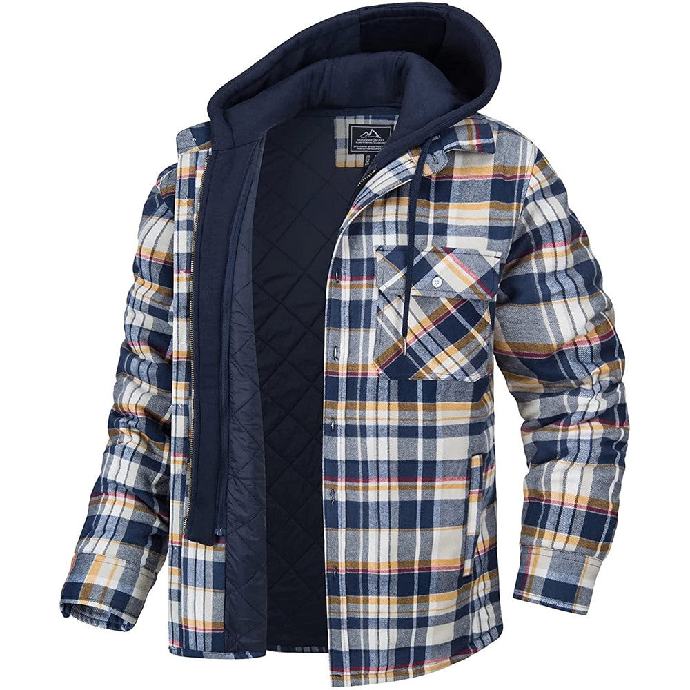 Men's Plaid Hooded Coat Winter Warm Button Zip-up Jacket