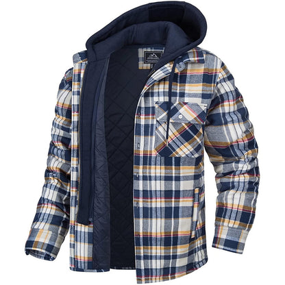 Men's Plaid Hooded Coat Winter Warm Button Zip-up Jacket