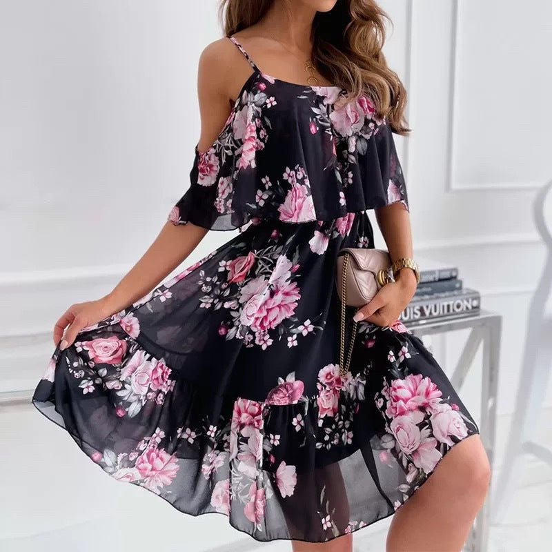 Flower Printed Ruffled Suspender Dress Summer