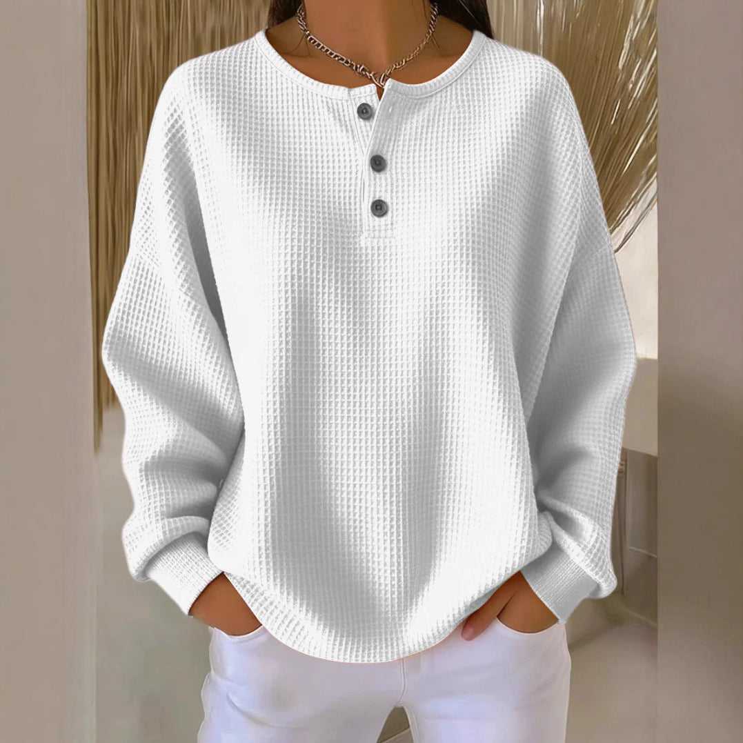 Ins Waffle Long-sleeved T-shirt Fashion Solid Color Buttons