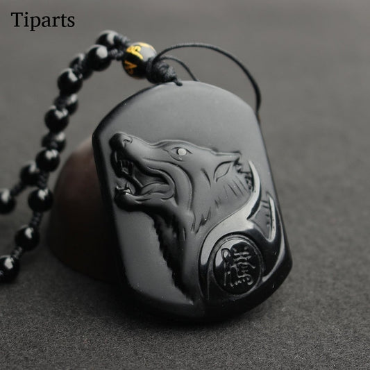 Natural Black Obsidian Carving Wolf Head Amulet Pendant
