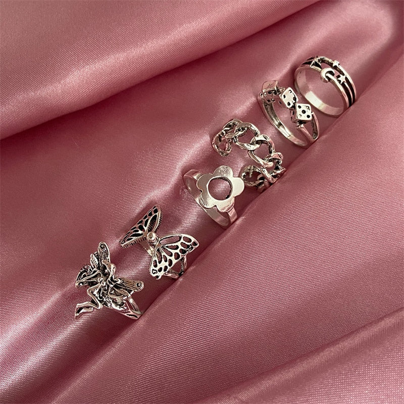 Punk Butterfly Finger Ring Set for Women Flower Fairy Gothic