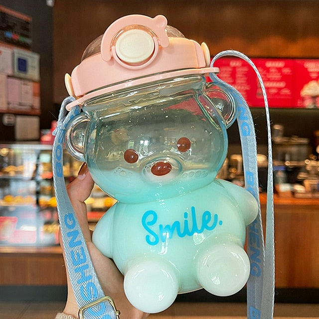 Bear Plastic Water Bottle With Straw Portable Strap