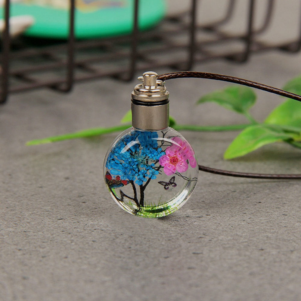 Dried Flower Butterfly Glass Ball Necklace Pendant