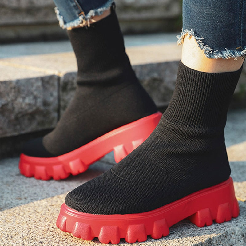 Women Boots Slip On Western Ankle Boots Knitted