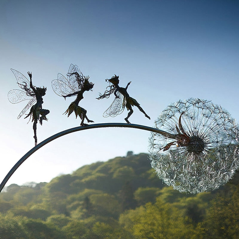 Fairy And Dandelion Dance Together Sculpture Outdoor Garden