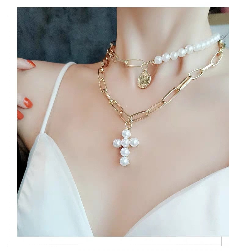 Fashion Multilayer Imitation Pearls Cross Pendant Necklaces
