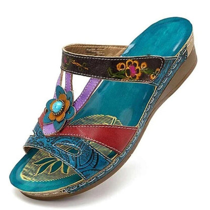 Women Sandals Heeled Slippers Ethnic Flower Sandals