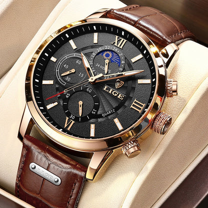 LIGE Men's Watches Top Brand Luxury Men Wrist Watch Leather Quartz